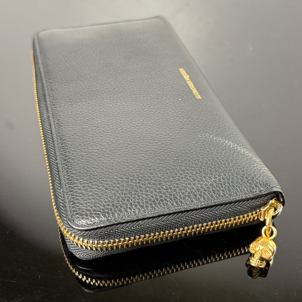 Alexander Mcqueen Zip Around Wallet With Gold Skull Pull, Black & Gold